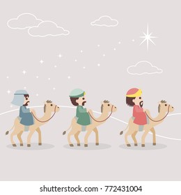 Birth of Jesus Christ story with three kings, nativity scene,cute cartoon vector illustration.