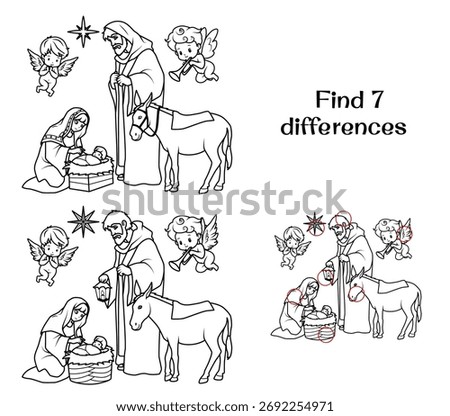 The Birth of Jesus in the Manger. Nativity Scene. Find 7 differences. Tasks for kids. Coloring page