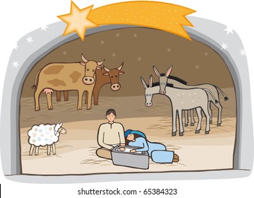 Birth of Messiah in a stable. A vector illustration.