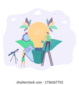 Birth metaphor of creative business idea. Business concept analysis. Little people grow potted plants. Colorful vector illustration.