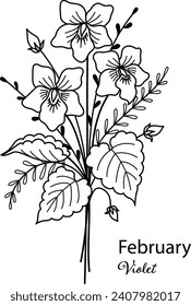 Birth month flower of February is violet flower for printing engraving, laser cut, coloring and so on. Vecter illustration.