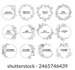 Birth month flower wreaths set, vector hand drawn isolated line art botanical frames for greeting cards and invitations