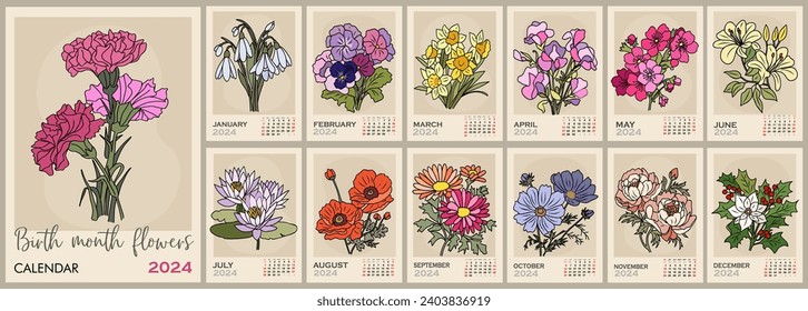 Plantilla de calendario de flores por mes de nacimiento para 2024. 