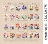 Birth month flowers collection. Birth flowers vintage floral illustrations, retro flower market poster. Silkscreen printing retro groovy trippy psychedelic poster art style simple minimal 1960