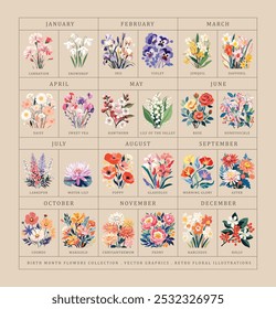 Birth month flowers collection. Birth flowers vintage floral illustrations, retro flower market poster. Silkscreen printing retro groovy trippy psychedelic poster art style simple minimal 1960's brigh