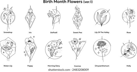 Birth Month Flowers Line Art Illustrations with Geometrical Frames, Snowdrop, Iris, Daffodil, Sweet Pea, Lily Of the Valley, Rose, Water Lily, Poppy, Morning Glory, Cosmos, Chrysanthemum, Holly