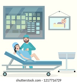 Birth partner. Happy family couple giving birth in a clinic. Color illustration of family support.