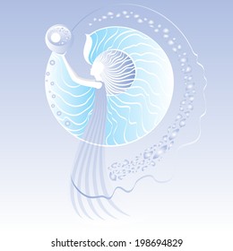 Birth pearls in shell. Vector illustration.