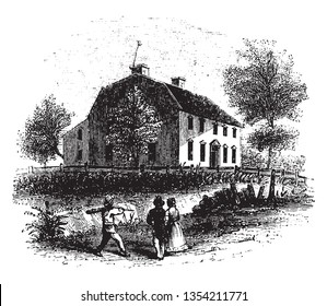 Birth place of Benedict Arnold ,a general during the American Revolutionary War, ,vintage line drawing or engraving illustration