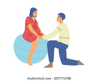 Birth position on fitball, flat vector illustration isolated on white background. Pregnant woman during labor, sits on fit ball. Mans support in childbirth process.