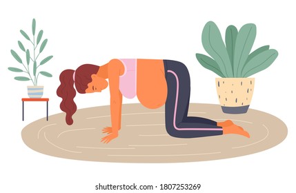 Birth position for painless childbirth labor, pregnant woman standing at knees on floor during painful birth pains, female with belly, comfortable posture for birthing, supported exercise, gymnastics