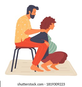 Birth position for pregnant woman, husband help wife to relax, making massage of shoulders, comfortable posture for birthing, man support mother during birth pains, squatted female lean at male knees