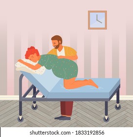 Birth position for pregnant woman, husband help wife to relax, support female, comfortable posture for birthing, man help during birth pains, girl standing at knees at medical bed and lean at pillow