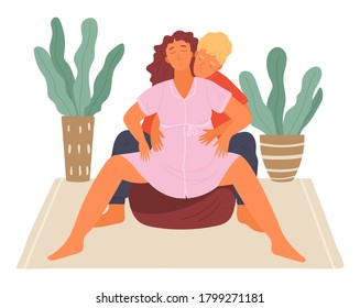 Birth position technique on fitball, man husband help pregnant woman during birth pains, female with belly spread legs wide, comfortable posture for birthing, useful illustration, partner help wife