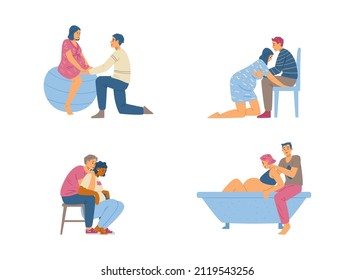 Birth positions for partner childbirth, infographic set. Pregnant woman and her partner before childbirth, flat vector illustration isolated on white background.