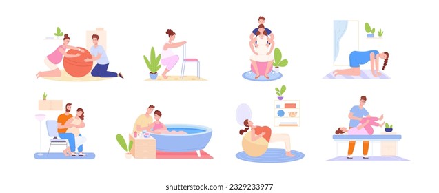 Posiciones de nacimiento. Posición del parto infantil, preparación para el embarazo en el hogar mujer embarazada, baño de agua para el parto, ejercicios gimnásticos de preparación del parto, espléndida ilustración vectorial del bebé embarazada