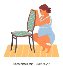 Birth positions. Pregnant woman in sitting position soon before childbirth modern cartoon style vector illustration. Parturient woman crouched down with her hands holding on to the back of a chair