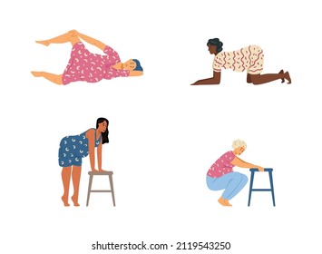 Birth positions set of pregnant parturient women expecting childbirth, flat vector illustration isolated on white background. Women in pregnancy labor positions.