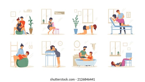 Birth positions set. Pregnant woman labour with comfortable poses with husband or nurse support. Future moms sitting, standing, kneeling, in water, using birthing ball, lying legs on stool vector flat