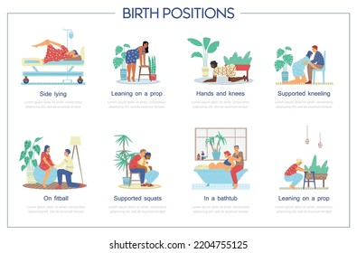 Birth positions set, woman gives birth in hospital and at home, flat vector illustration. Pregnant delivers baby with help of partner - in bathtub, on fitball, supported kneeling, lying.