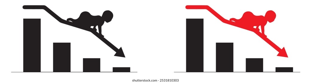 Concepto de disminución y disminución de la tasa de natalidad. bebé arrastrándose por una tabla descendente. Ilustración vectorial. Eps 10