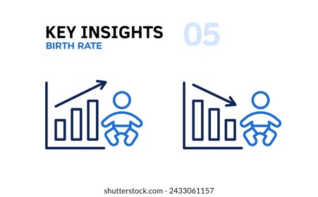 Birth Rate Trends Analysis: Baby Symbol with Graphs and Arrow Going Up and Down Thin Line Icon. Vector Illustration of Population Growth Graphics