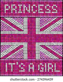 Birth of the Royal Baby Girl concept. A Union Jack flag made from mosaic tiles, in shades of pink for a new baby Princess. EPS10 vector format.