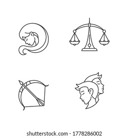 Birth signs pixel perfect linear icons set. Maiden, scales, archer and twins zodiac horoscope signs. Customizable thin line contour symbols. Isolated vector outline illustrations. Editable stroke