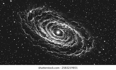 The birth of solar system begins from swirling stardust in infinite darkness. Young star brightly burns in in deep space and gravity twists cosmic matter into glowing spiral vortex. Vector background