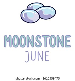 Birth Stone for June Clip Art. Moonstone Crystal Mystic Order Precious Rock for Birthday date. Blue Treasure.Illustration Doodle in Flat Color. isolated Typography Vector EPS 10. 