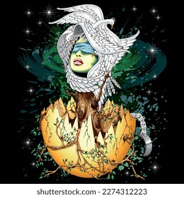 The Birth - Surreal Fantasy Dreamy Art representing the Birth of Universe, Life, Spirituality, Vector Illustration