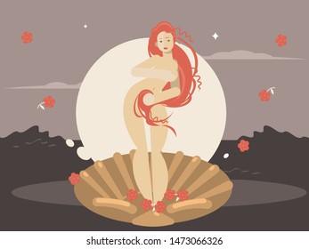 The birth of Venus. Sandro Botticelli inspired. Abstract art, flat vector painting. Woman in a seashell.