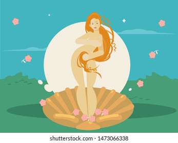 The birth of Venus. Sandro Botticelli inspired. Abstract art, flat vector painting. Woman in a seashell.