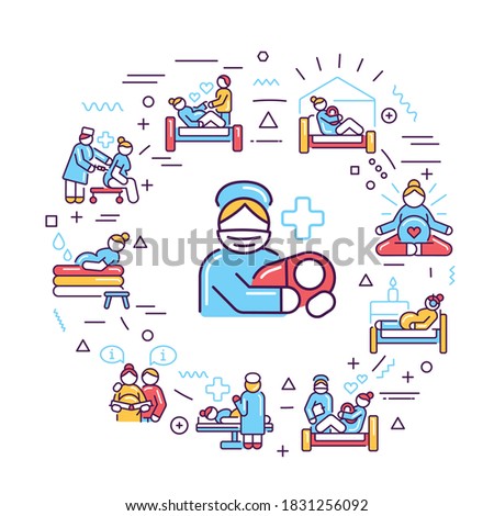 Birth web banner. Infographics with linear icons on white background. Creative idea concept. Isolated outline color illustration.