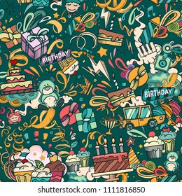 Birthaday background. Cartoon seamless pattern. Vector illustration. Cupcake, gifts,  balloons, cake and other items. 