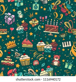 Birthaday background. Cartoon seamless pattern. Vector illustration. Cupcake, gifts, balloons cake and other items
