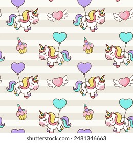 Birthaday party background in cartoon style. Seamless pattern with cute unicorns. 