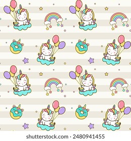 Fondo de fiesta de cumpleaños con lindos unicornios. Patrones sin fisuras en estilo de dibujos animados. 