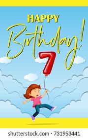 Birthcard card with girl and balloon number seven illustration