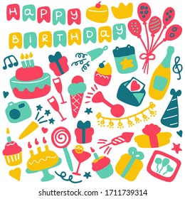 Birthdat party icon set. Hand drawn elements for banner, card, invitation, wrapping, digital.