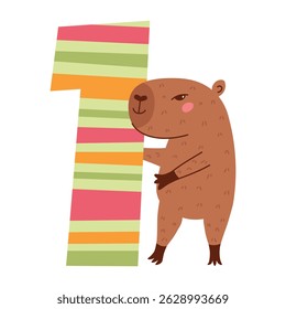 Birthday 1 years old child. Number one and cute capybara character. Vector flat hand drawn illustration isolated on transparent background.
