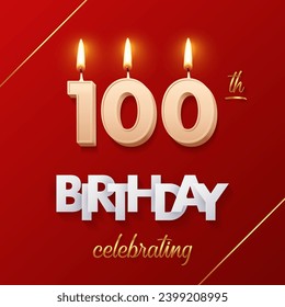 Birthday 100 number candles with fire for anniversary vector illustration. 3D realistic beige wax numbers twenty with candlelight, white and gold font on red background for invitation, greeting card.