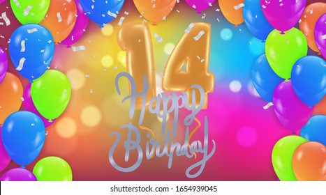 Birthday 14 years anniversary logo template design on background balloons
