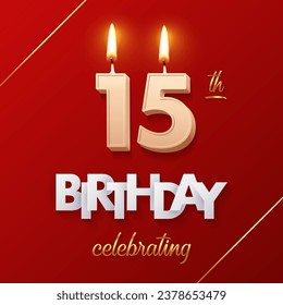 Birthday 15 number candles with fire for anniversary cake vector illustration. 3D realistic beige wax numbers ten with candlelight, white and gold font on red background for invitation, greeting card.