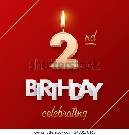 Birthday 2 number candles with fire for anniversary cake vector illustration. 3D realistic beige wax numbers ten with candlelight, white and gold font on red background for invitation, greeting card.
