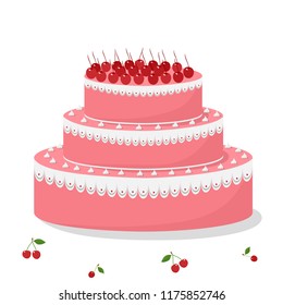 Birthday 3 level pink cake with meringues, cherry