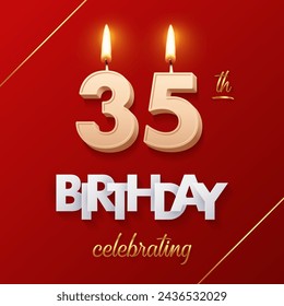 Birthday 35 number candles with fire for anniversary vector illustration. 3D realistic beige wax numbers twenty with candlelight, white and gold font on red background for invitation, greeting card.