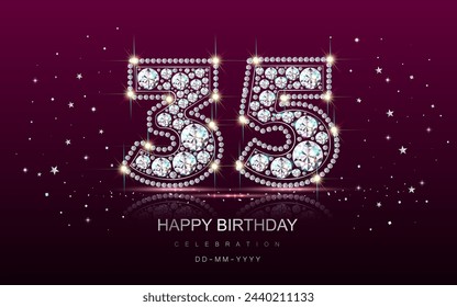 Birthday 35th thirty five anniversary banner made of jewelry with diamonds and serpentine. 3d realistic illustration. Vector.