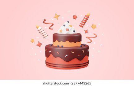 Birthday 3D cake render, flying candles, squiggles, confetti and stars splash. Vector greeting illustration in plastic style. Creamy sweet food with chocolate icing, blueberries and sprinkles.