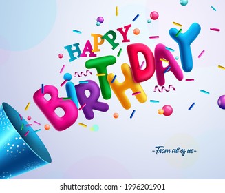 Birthday 3d vector concept design. Happy birthday greeting text with colorful confetti element for fun and enjoy kids birth day party celebration decoration. Vector illustration